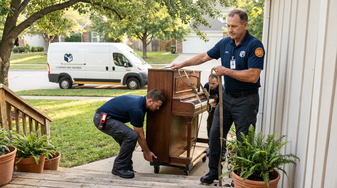 Licensed piano movers securing grand piano in Canyon Lake, TX