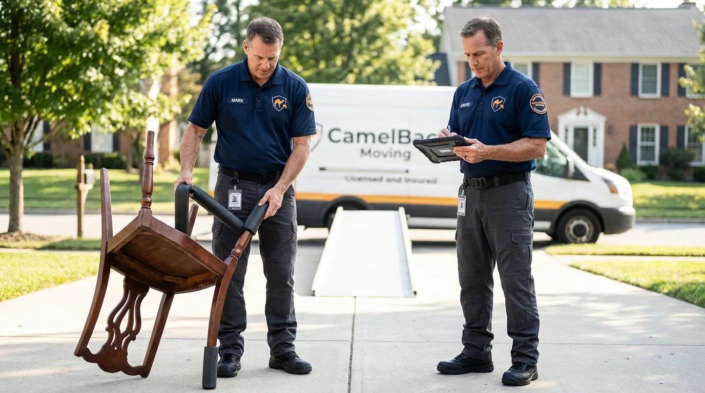 Movers inspecting furniture for damage prevention before loading in Canyon Lake, TX