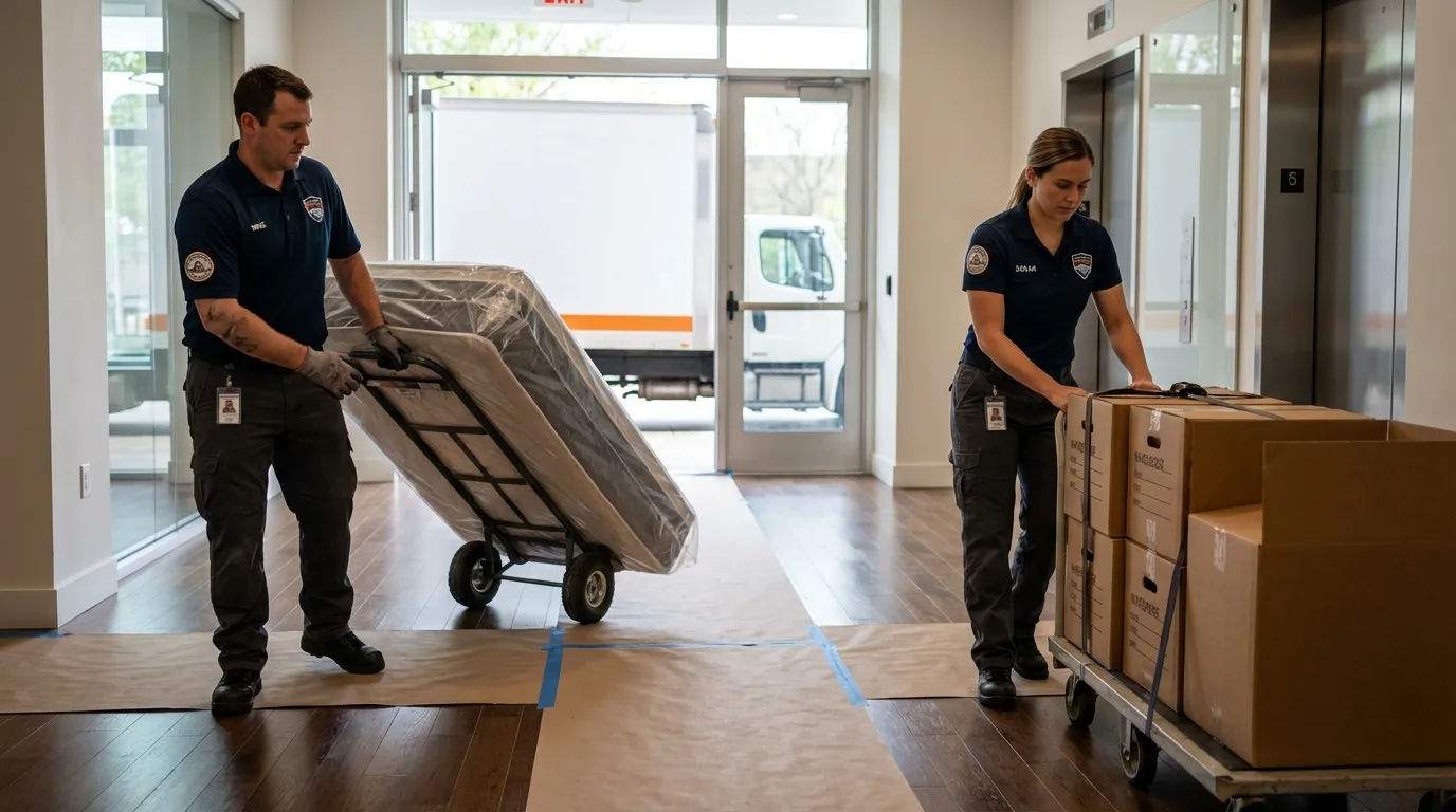 Professional apartment movers loading elevator in Canyon Lake, TX