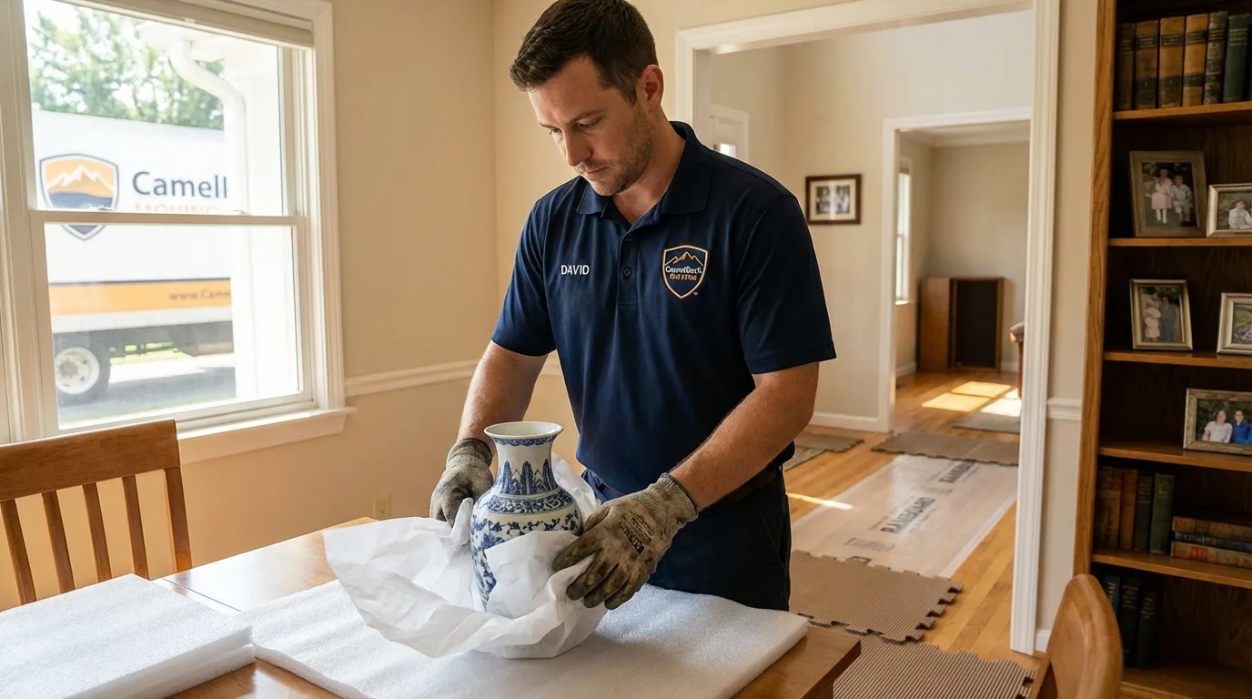 Professional crew carefully wrapping antique vase for senior downsizing move in Canyon Lake, TX